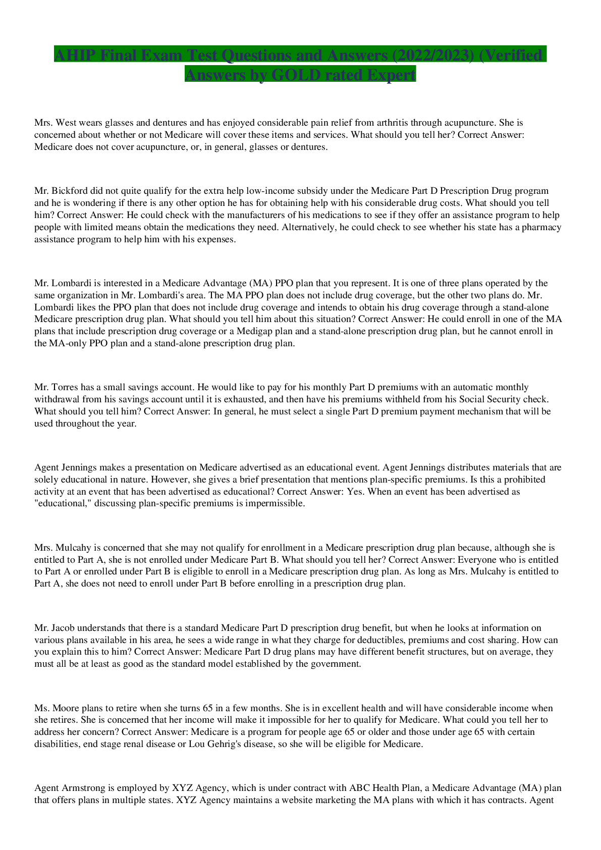 Preview image for AHIP Final Exam Test Questions and Answers (2022/2023) (Verified Answers by GOLD rated Expert